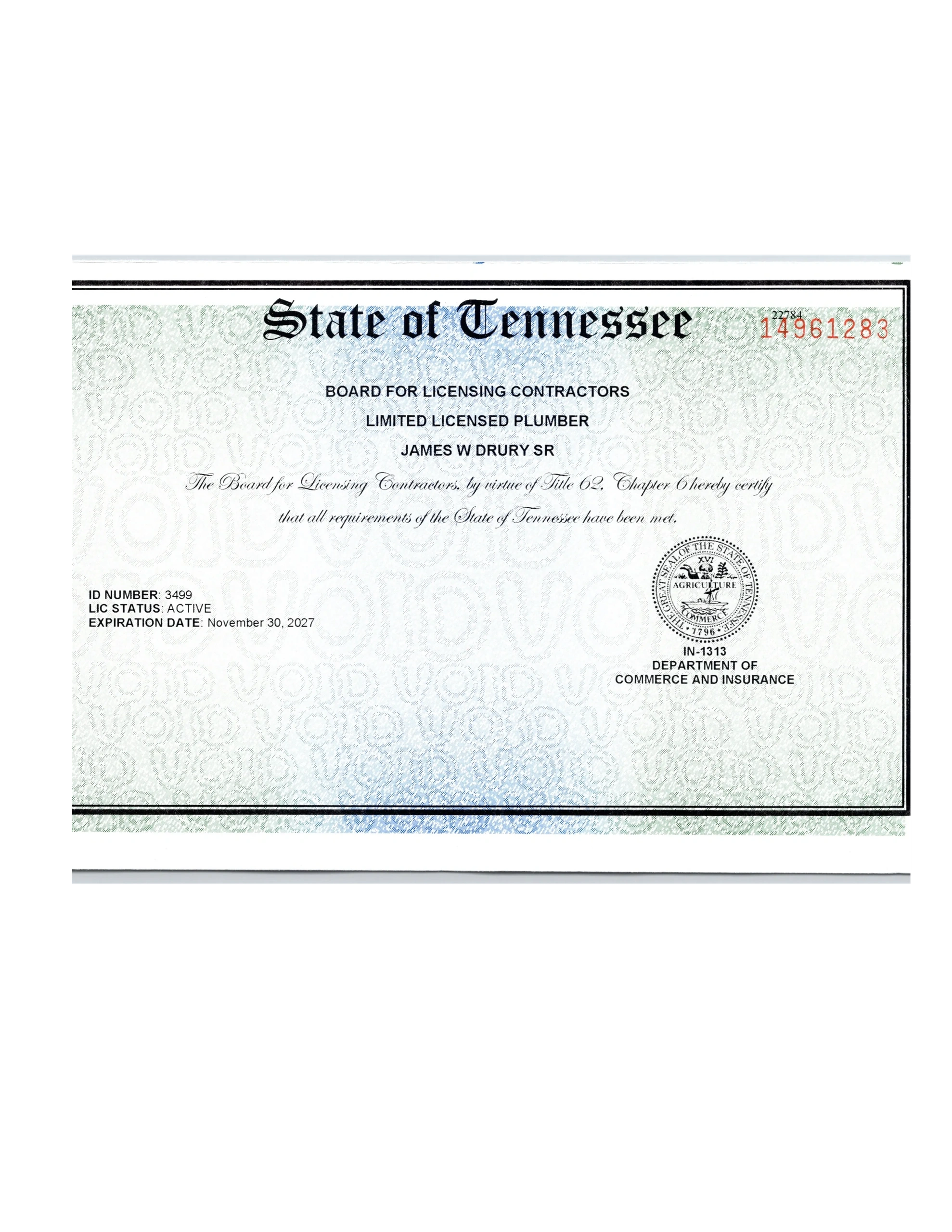 State of Tennessee Plumber License